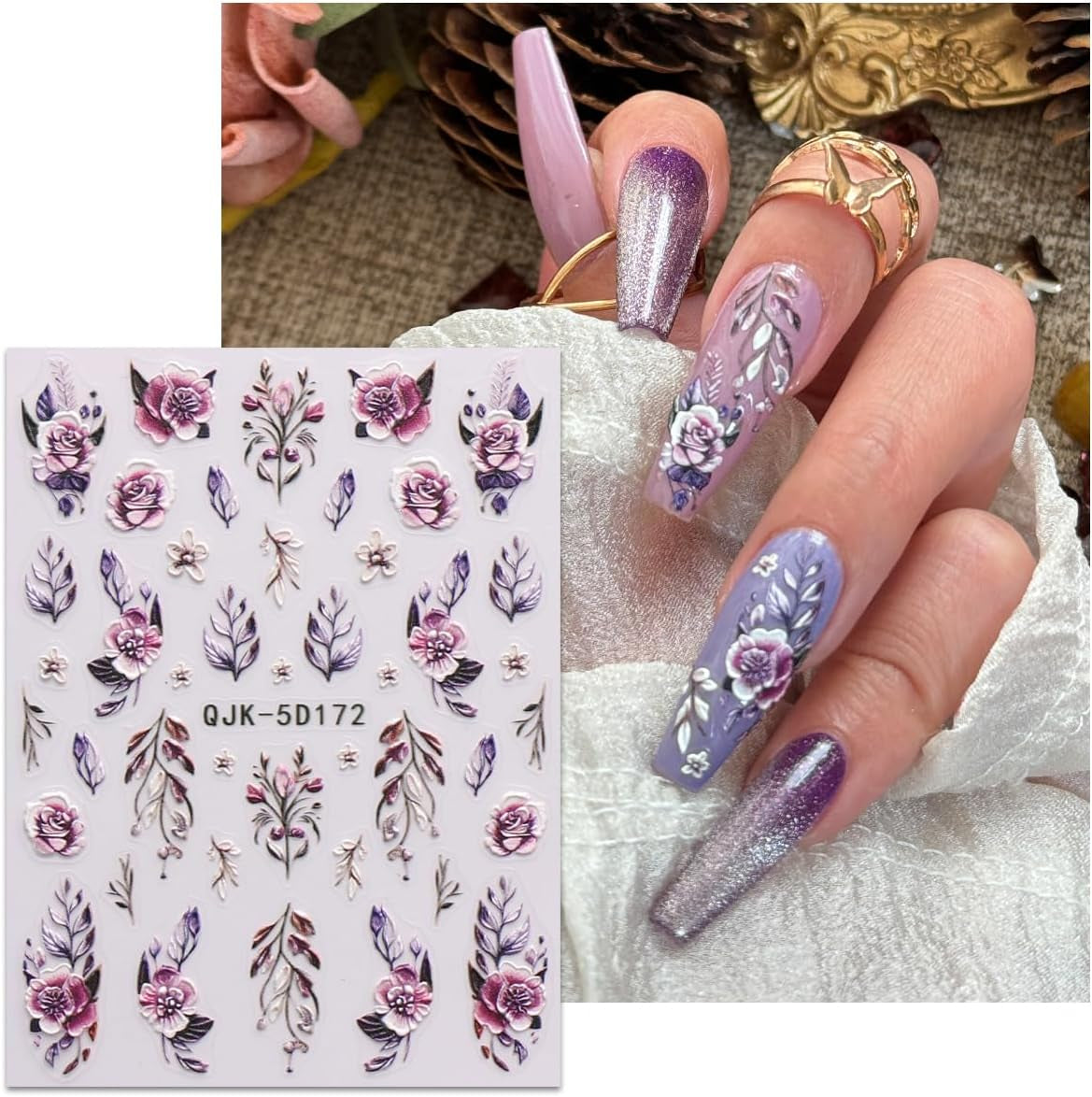 JMEOWIO 3D Nagelsticker Blumen Nail Art Sticker Selbstklebend Nagelaufkleber 5D Stereoskopisk Frühling Sommer Dekoration Nageldesign Zubehör 4 Blatt