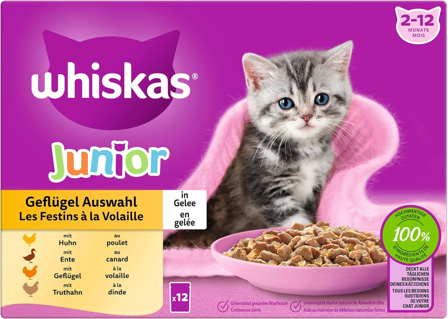 WHISKAS Junior våtfoderpåsar, multipack, urval av fjäderfäkött i gelé, 12 x 85g