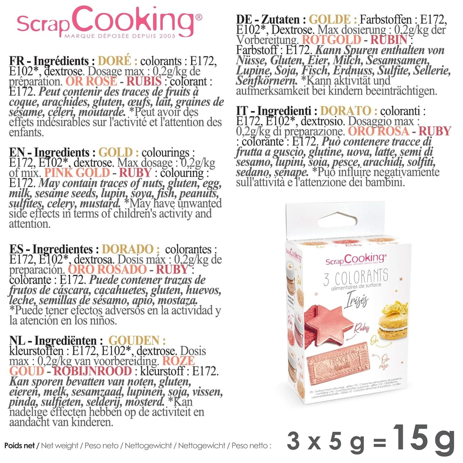 ScrapCooking, set med 3 matfärger, guld, roséguld och rubin, metalliska nyanser, 3 x 5 gram Naty Shop