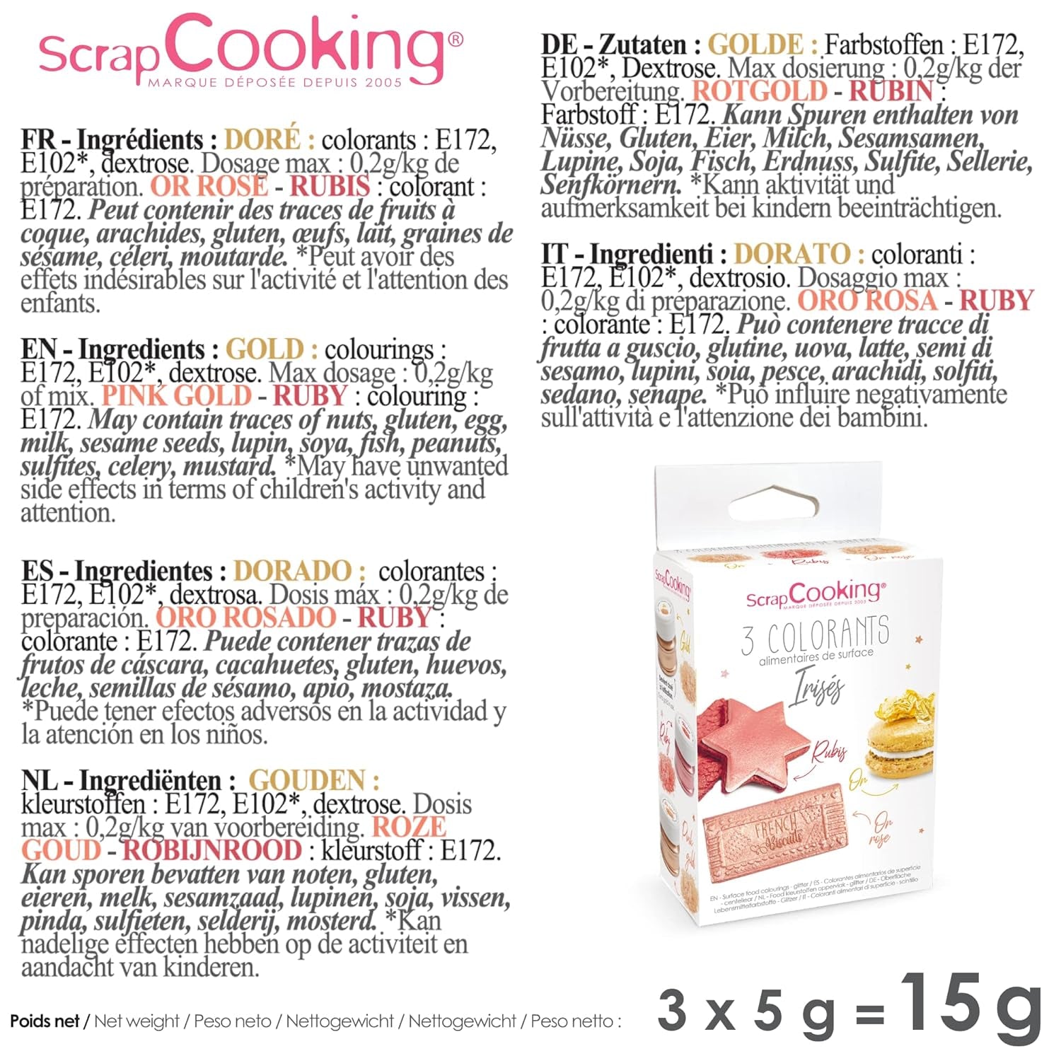Scrapcooking - Set med 3 metallisk matfärgning - Matfärgning: guld, roséguld och rubin - Ätbar matfärg för bakning, kakor, kakor, kakor, choklad - 4019