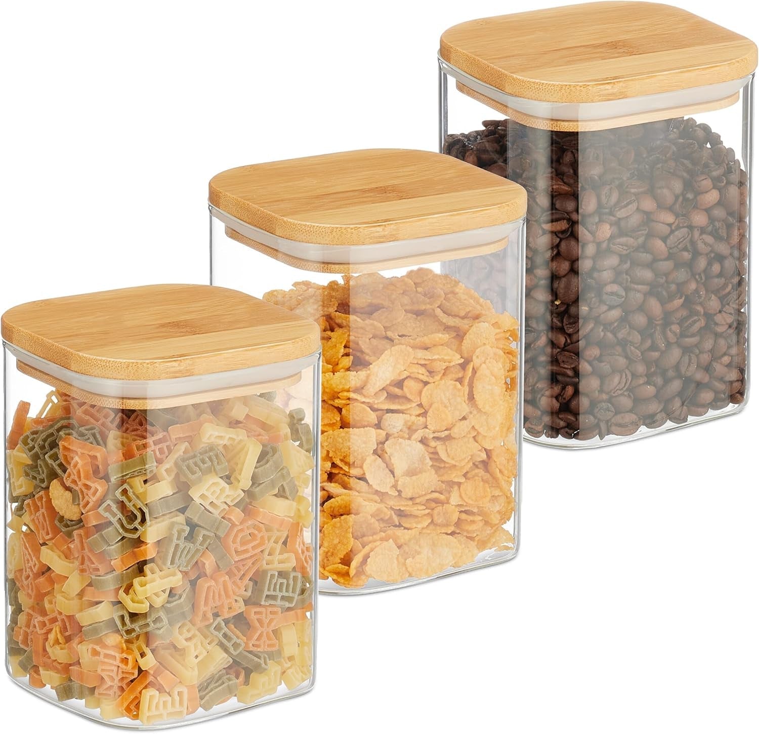 Relaxdays förvaringsburkar med bambulock Set med 3 fyrkantiga glasburkar 900 ml läckagesäkra klara/naturliga matförvaringslådor Naty Shop Standardtitel