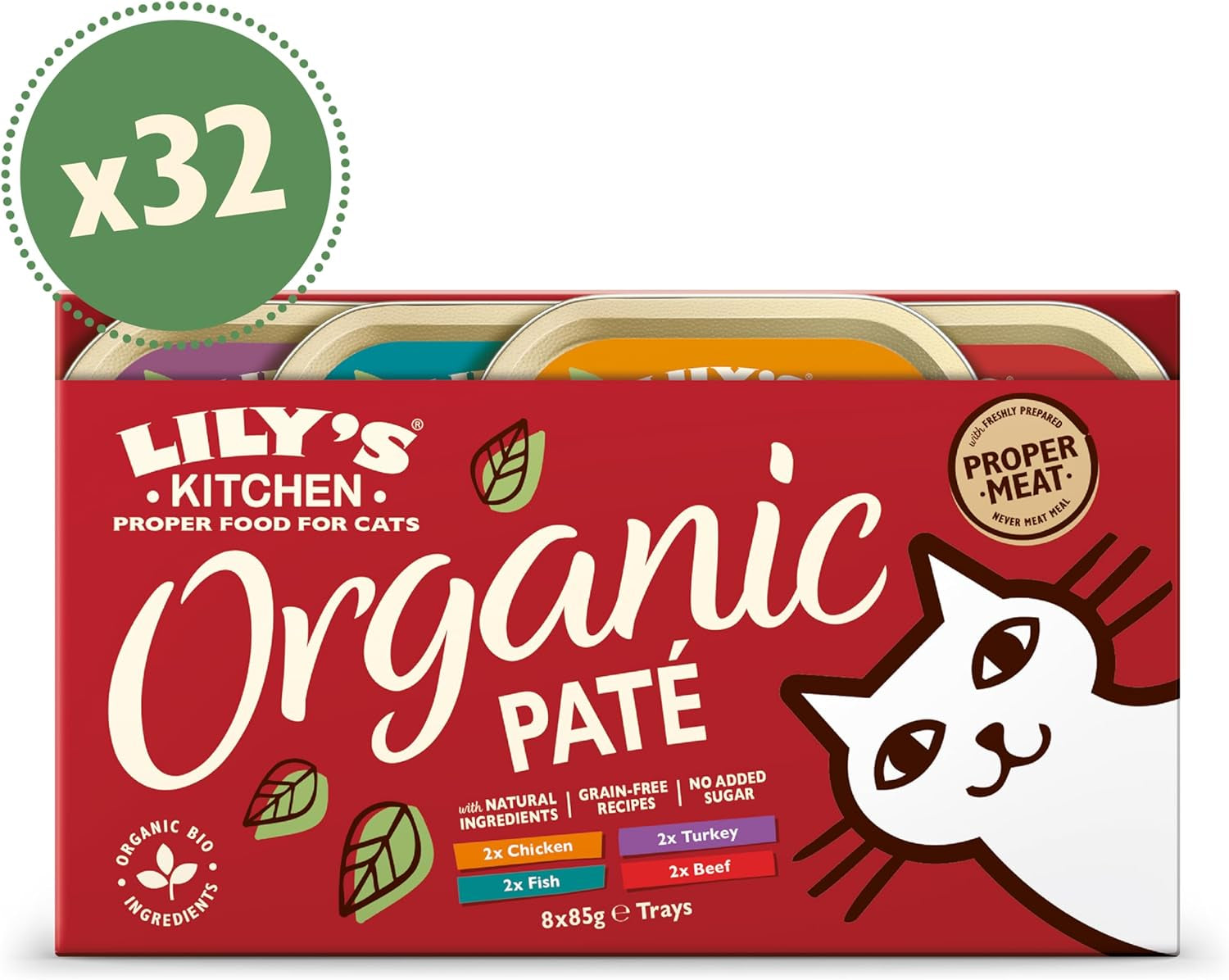 Lily's Kitchen Naturlig ingrediens Våt vuxenmat för katter med flera brickor Organisk fläckfri spannmål 4 x (8 x 85 g)