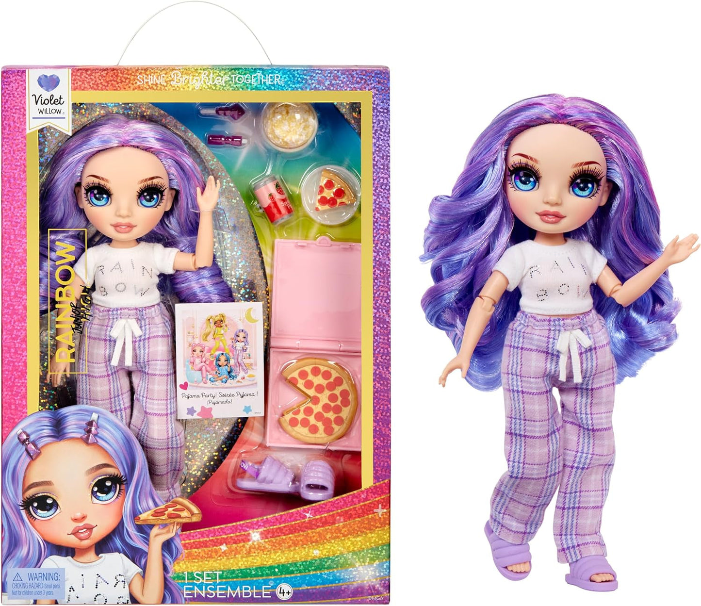 Rainbow High Junior High PJ Party Doll - Violett - 22 cm med mjuk jumpsuit, tofflor och lektillbehör - Barnleksak - Perfekt för 4-12 år