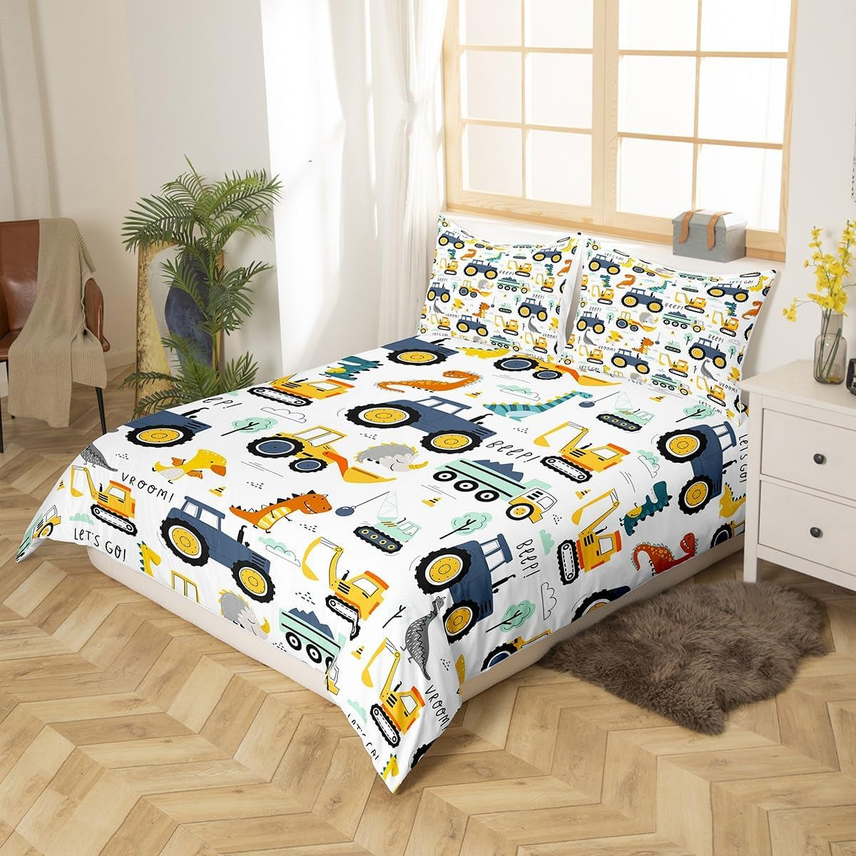 Jungen Cartoon Car Sängkläder Set 135X200,Kinder Bau Fahrzeuge Tröster Abdeckung Für Kind Kleinkind Teens,Dinosaurier Bettbezug,Traktor Maschinerie Bagger Bettdecke Abdeckung,Lkw Autos Bettdecke Naty Shop