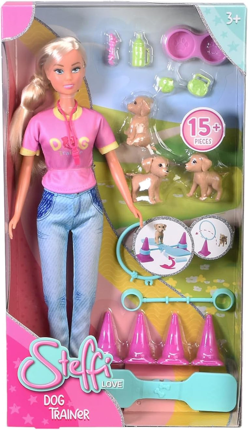 Simba Steffi Love Dog Trainer, leksaksdocka som hundtränare med träningskurs, 3 hundar och tillbehör, 29 cm, från 3 år