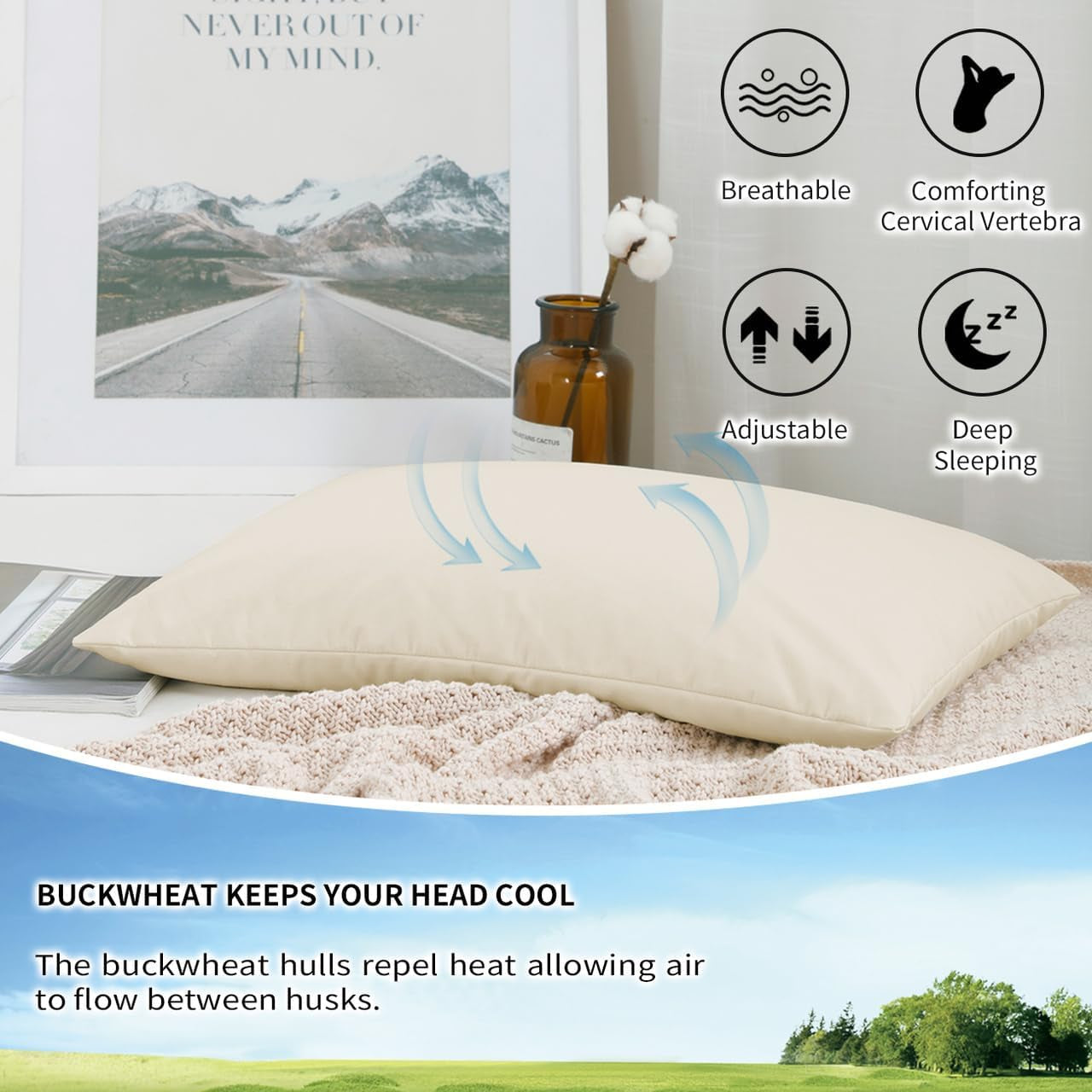 LOFE Organic Bovete Sovkudde 14" X 20" Justerbar Andas Cool Sleep cervikalt stöd för rygg- och sidosliprar (tartariskt boveteskrov) Naty Shop Standardkuddar