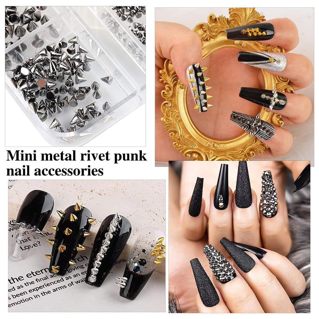 Mini Metall Nieten Punk Nail Charms Guld Silber Strasssteine ​​Nägel Charm Kegel Spikes Nagelschmuck Glitzersteine ​​Nail Art Studs Nagel Steine ​​Legierung Nagelanhänger Rhinestones Nageldesign Zubehör