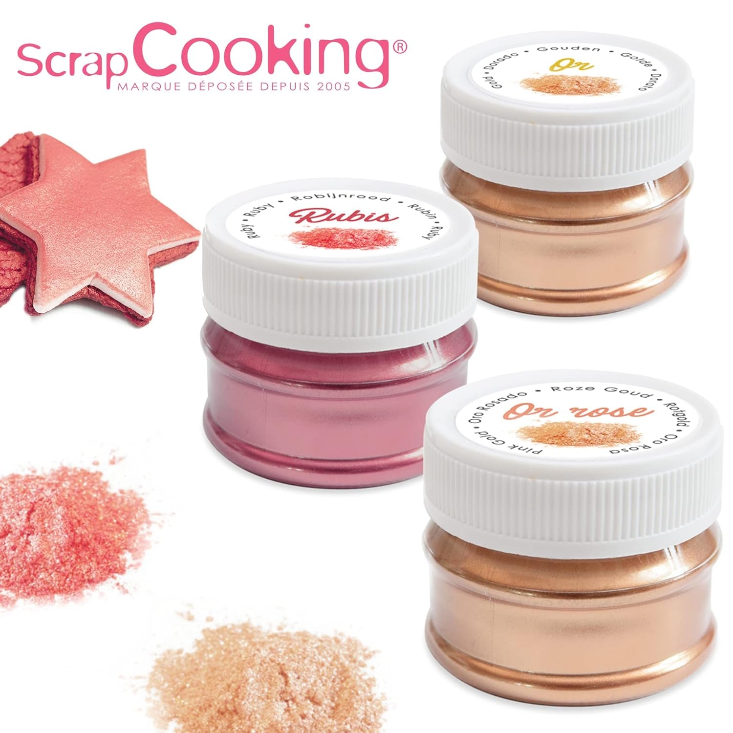 Scrapcooking - Set med 3 metallisk matfärgning - Matfärgning: guld, roséguld och rubin - Ätbar matfärg för bakning, kakor, kakor, kakor, choklad - 4019