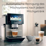 Siemens EQ900 automatisk espressomaskin, stor TFT-färgskärm, 2 bönbehållare, 36 varma och kalla drycker, kallt kaffe, supertyst, tvåkoppsfunktion, appkontroll, rostfritt stål, TQ907D03