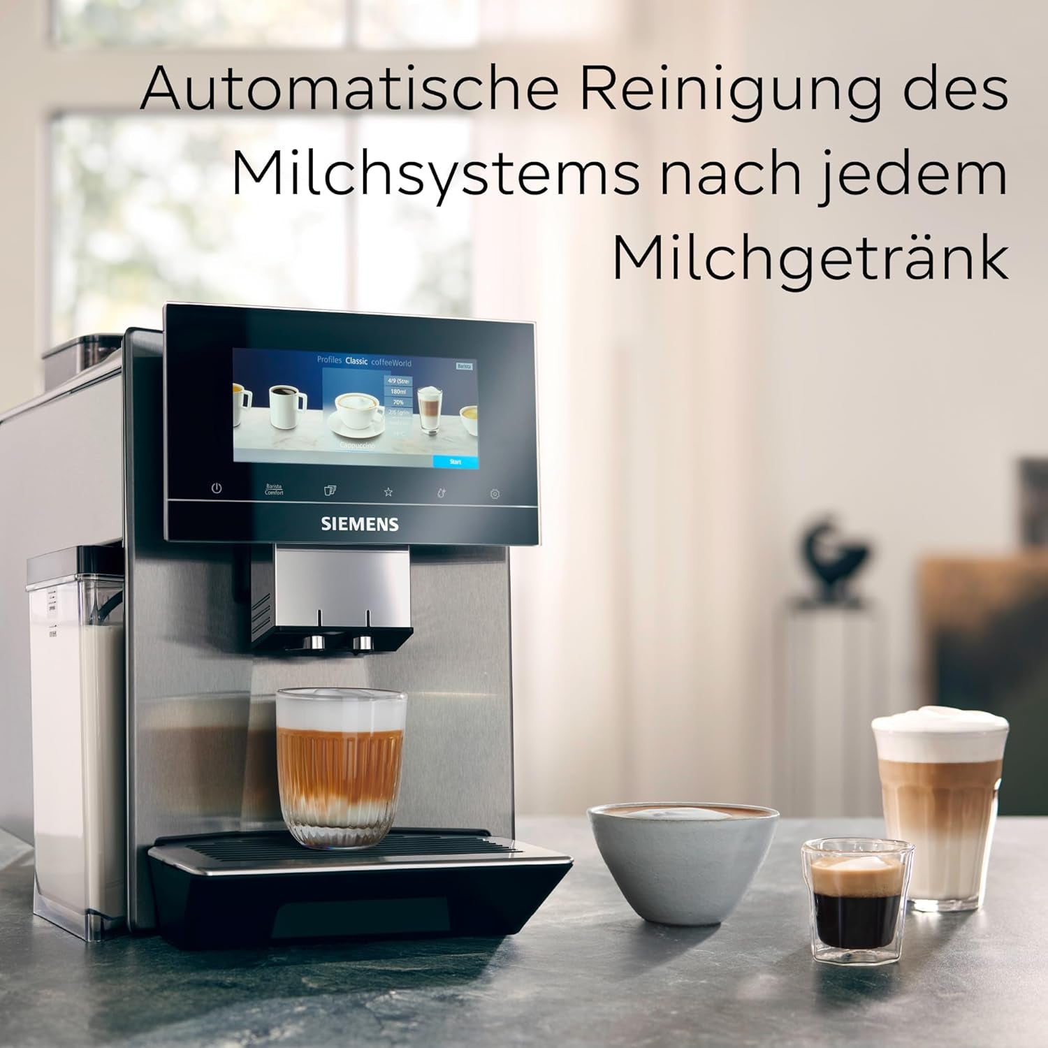 Siemens EQ900 automatisk espressomaskin, stor TFT-färgskärm, 2 bönbehållare, 36 varma och kalla drycker, kallt kaffe, supertyst, tvåkoppsfunktion, appkontroll, rostfritt stål, TQ907D03