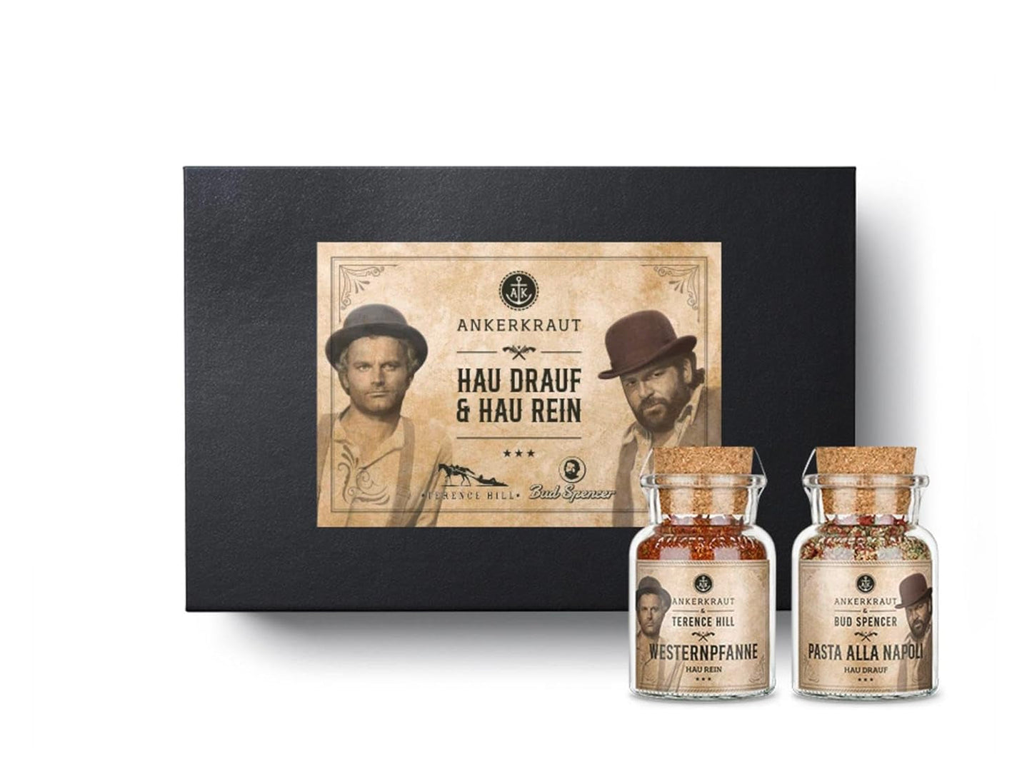 Ankerkraut Bud Spencer & Terence Hill Bagaluten Gewürz-Box, mit Westernpfanne und Pasta alla Napoli, Geschenk-Set, lecker kochen, 195 g Gewürze Inhalt