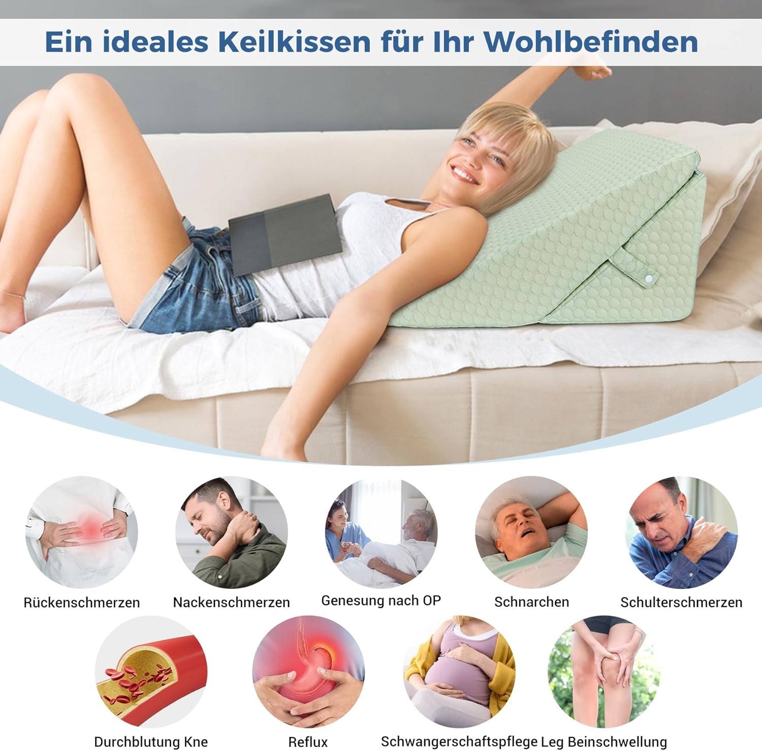 BARN Justerbar kilkudde, läskudde av högdensitetsskum för säng och soffa, ergonomisk säng med kilhuvud för sömnrefluxapné, benkudde/ryggkudde för lek och läsning (grön)