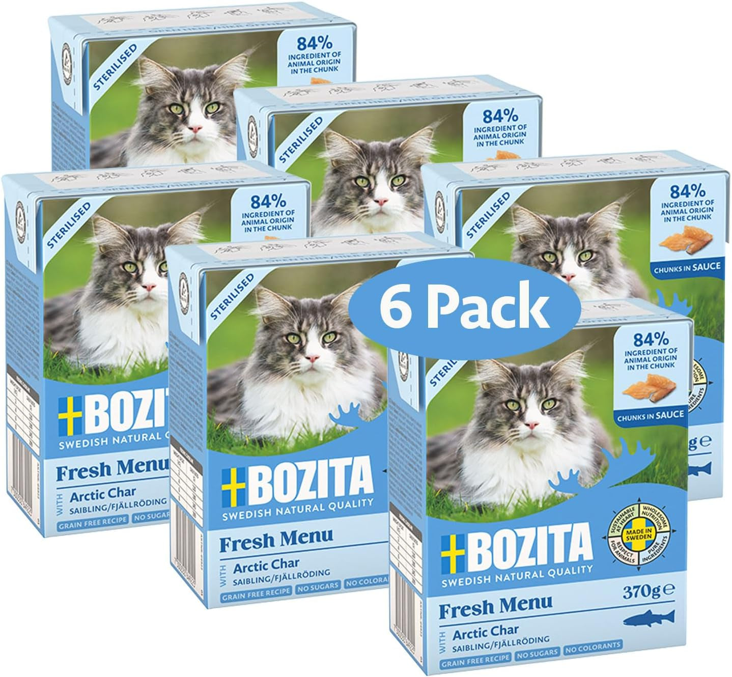 Bozita Tetra Steriliserade bitar i kolsås - 6 x 370g Spannmålsfritt och sockerfritt våtfoder för katter - icke-GMO, med 8,5% protein och 4,5% fett - hög kvalitet och extremt välsmakande