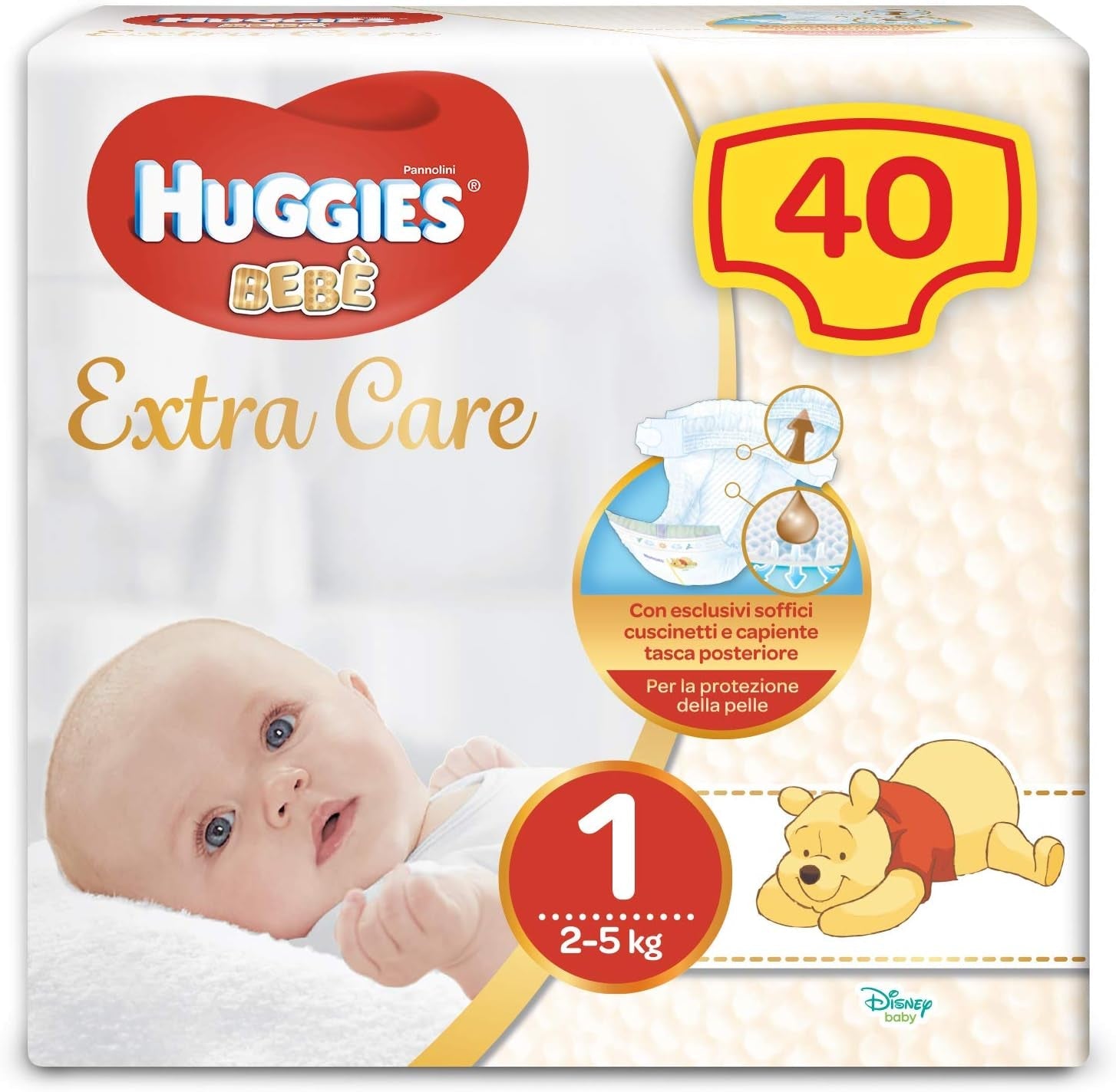 Huggies Extra Care Blöjor för bebis, storlek 1 (2-5 kg), Super Absorbent, Full Protection, Disney Design, 40 st.