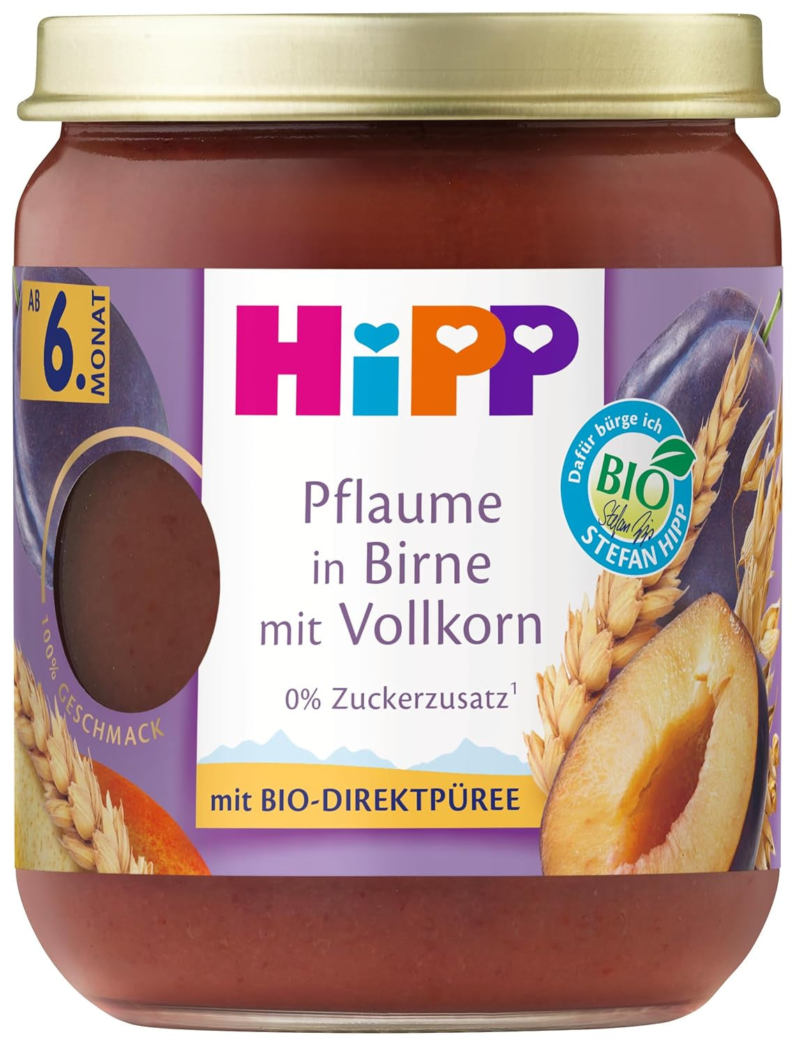 HiPP ekologiska frukter och spannmål med päronplommon och fullkornsvete, 160 g, 6 st (6x160 g)