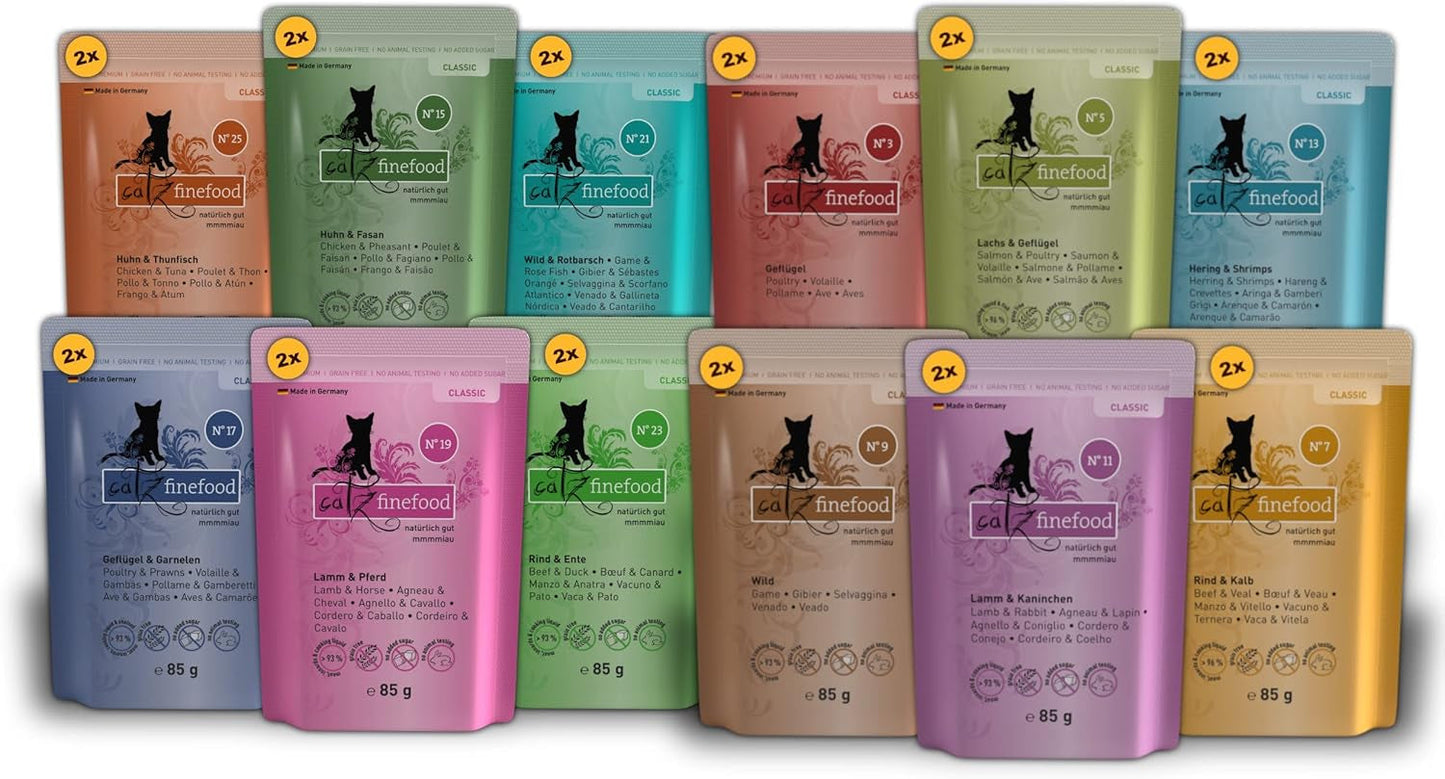 Catz Finefood Classic Collection Mixed Pack Wet Cat Food - Gourmet våtfoder för din katt, spannmålsfri och sockerfri, med hög kötthalt, 24 påsar x 85g