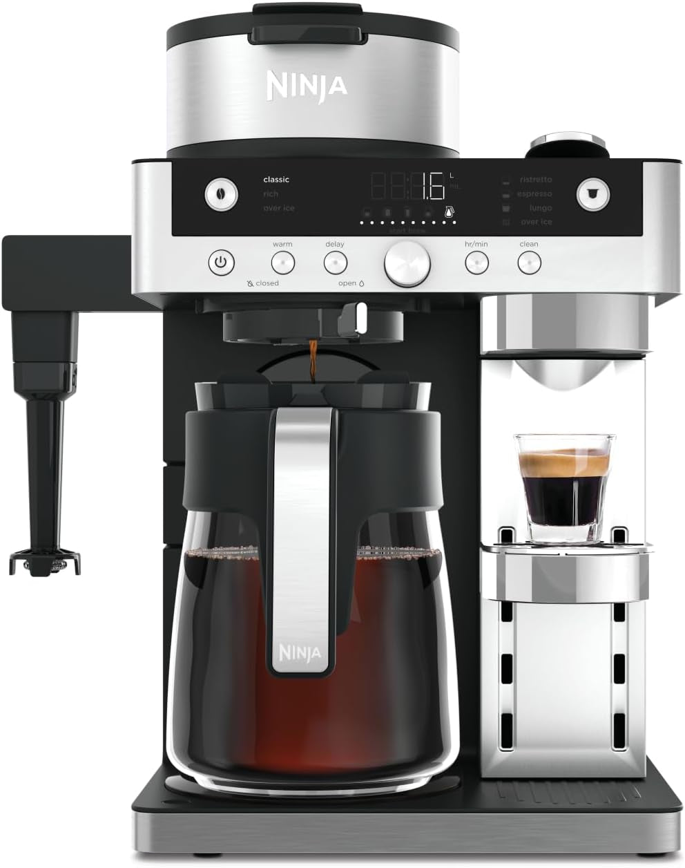 Ninja Prestige 2-i-1 filterkaffebryggare med kapslar och integrerad mjölkskummare, för latte, iskaffe och platt vit, svart CFN802EU