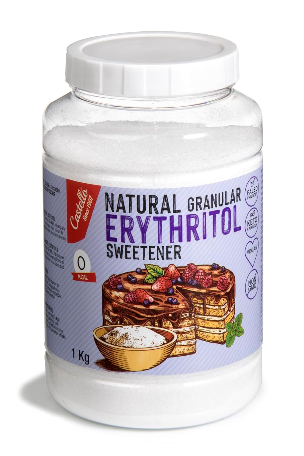 Natürliches Erythrit - Kristallzucker | 10G = 7G Zucker | Natürlicher Zuckerersatz - 0 Kalorien - 0 Glykämischer Index - Keto Und Paleo - 0 Netto-Kohlenhydrat - Kein GVO - Castello sedan 1907-1Kg Sötningsmedel Naty Shop 1 Kg (1Er Pack)