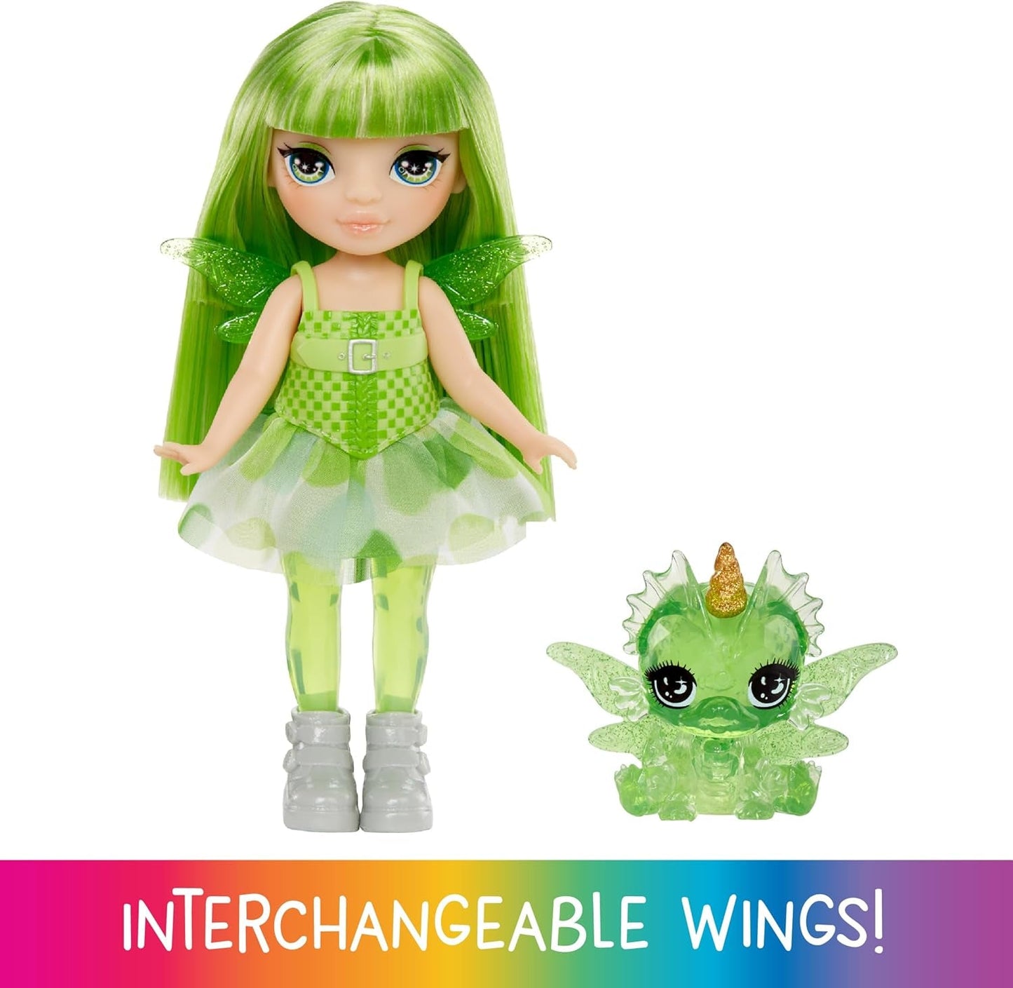 Rainbow High Littles Rainbow Fantasy Fairy and Pet - Emerald, Green - 14 cm ledad liten Fantasy Dragon Doll med utbytbara Fairy Wings, söt present till barn från 4 år och uppåt