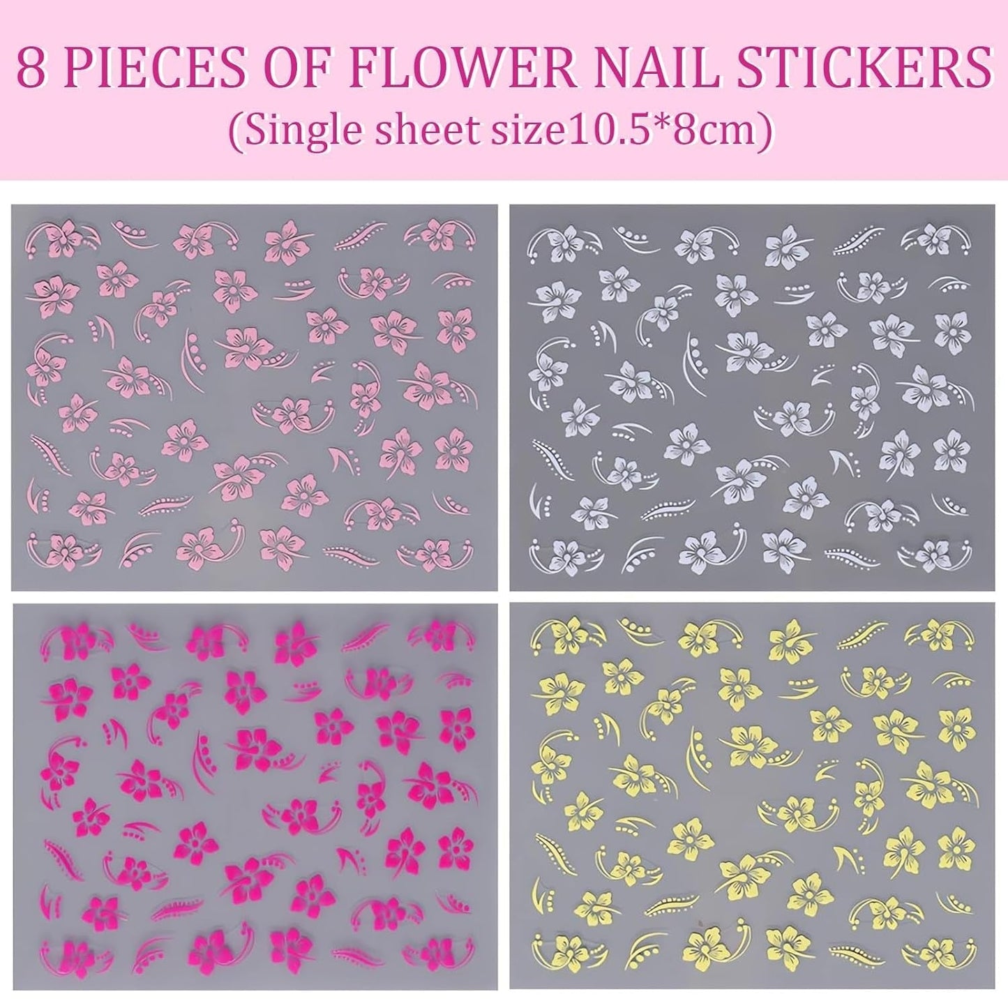 8 Stück Hibiskus Nagelsticker, 3D Selbstklebende Blumen Nagelaufkleber, Weiß Rosa Gelb Magenta Sommer Neonagelklistermärke, Nagelkonst Zubehör Nagel Deko Für Frauen