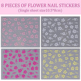8 Stück Hibiskus Nagelsticker, 3D Selbstklebende Blumen Nagelaufkleber, Weiß Rosa Gelb Magenta Sommer Neonagelklistermärke, Nagelkonst Zubehör Nagel Deko Für Frauen