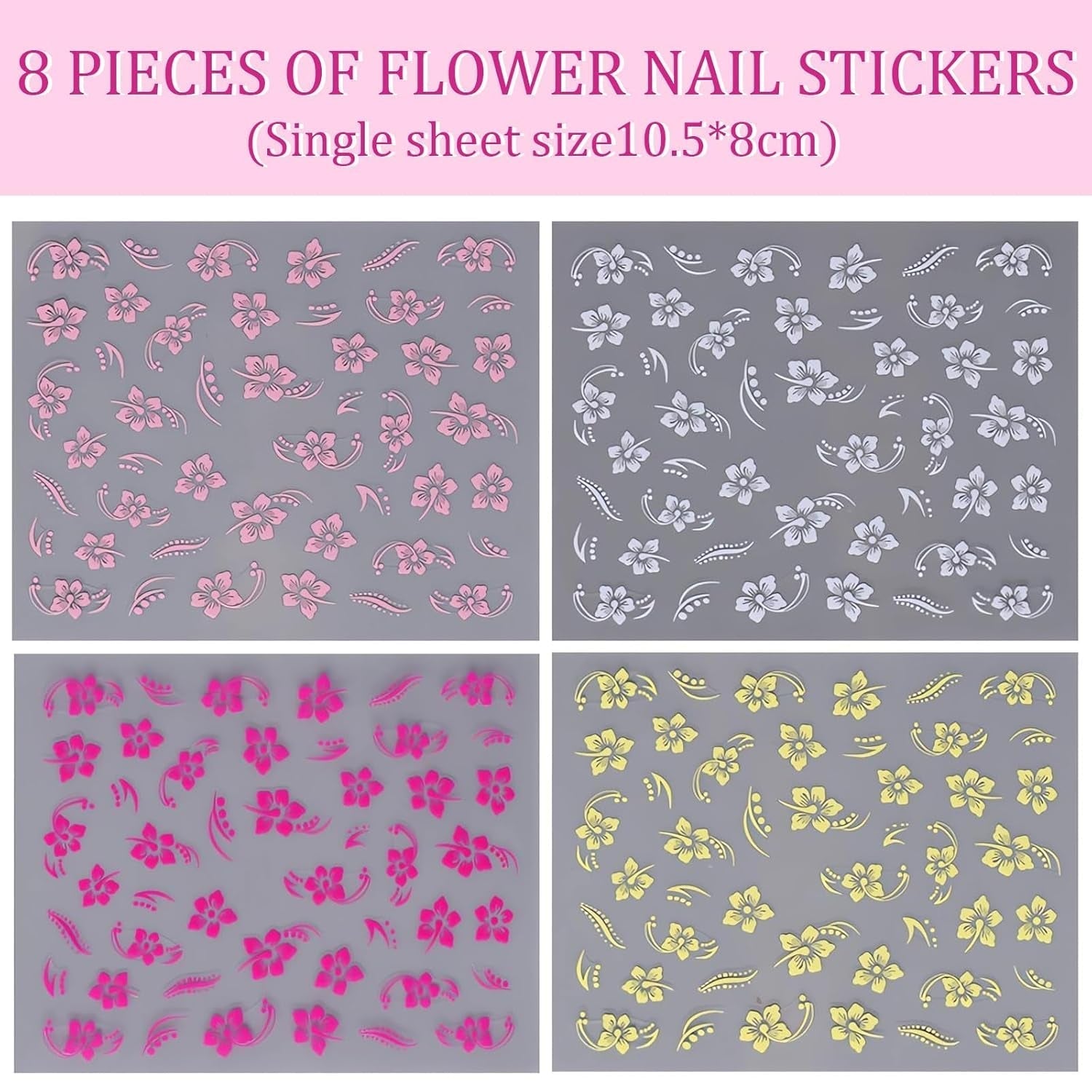 8 Stück Hibiskus Nagelsticker, 3D Selbstklebende Blumen Nagelaufkleber, Weiß Rosa Gelb Magenta Sommer Neonagelklistermärke, Nagelkonst Zubehör Nagel Deko Für Frauen