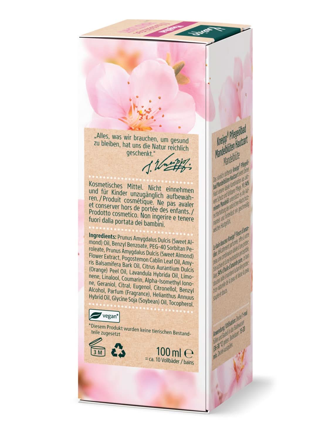 Kneipp, badolja, med 94% ren mandelolja, för torr och känslig hud - 100 ml dusch och bad Naty Shop