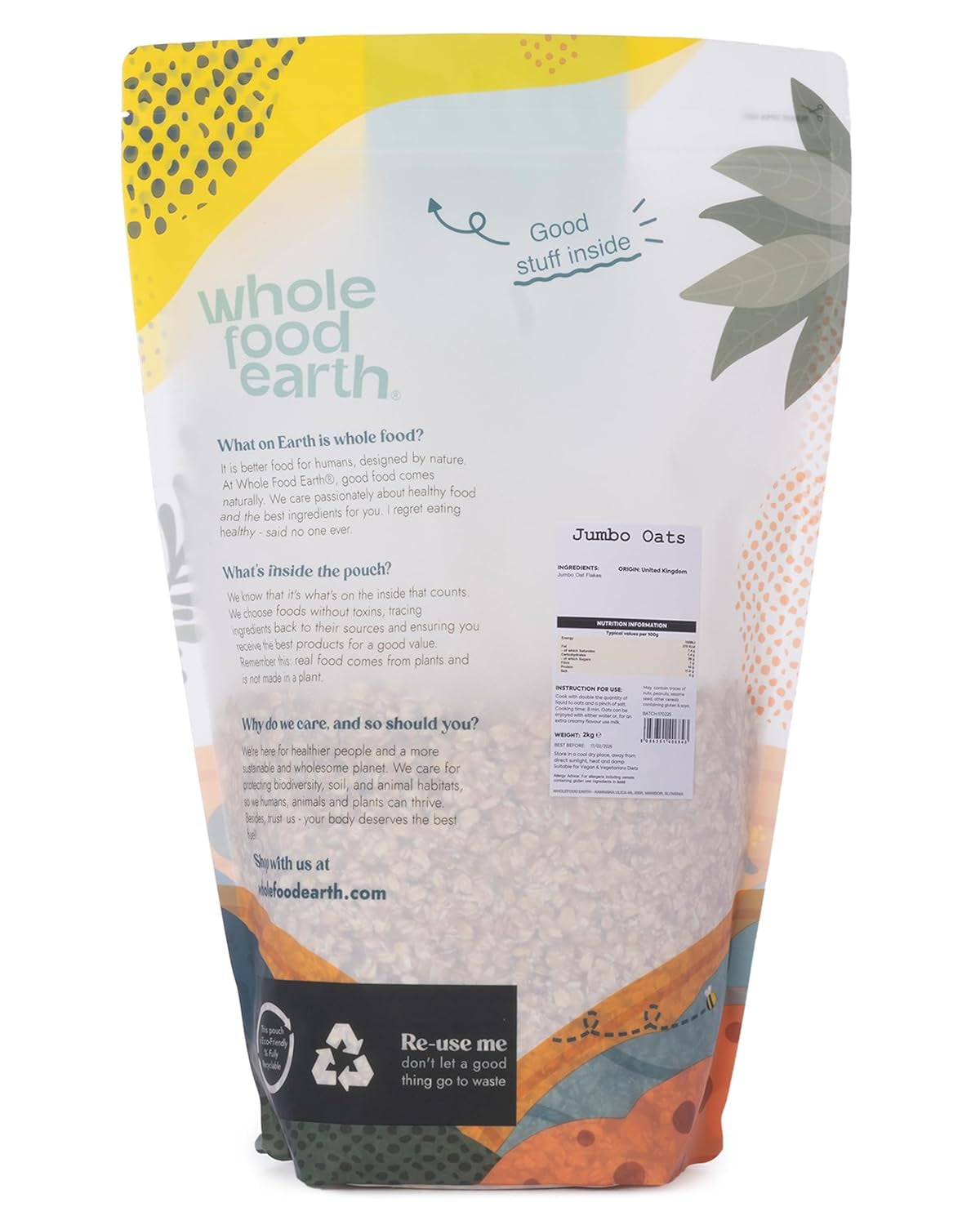Wholefood Earth Jumbo Oatmeal - GMO fri - vegan - mjölkfri - utan tillsatt socker 2 kg