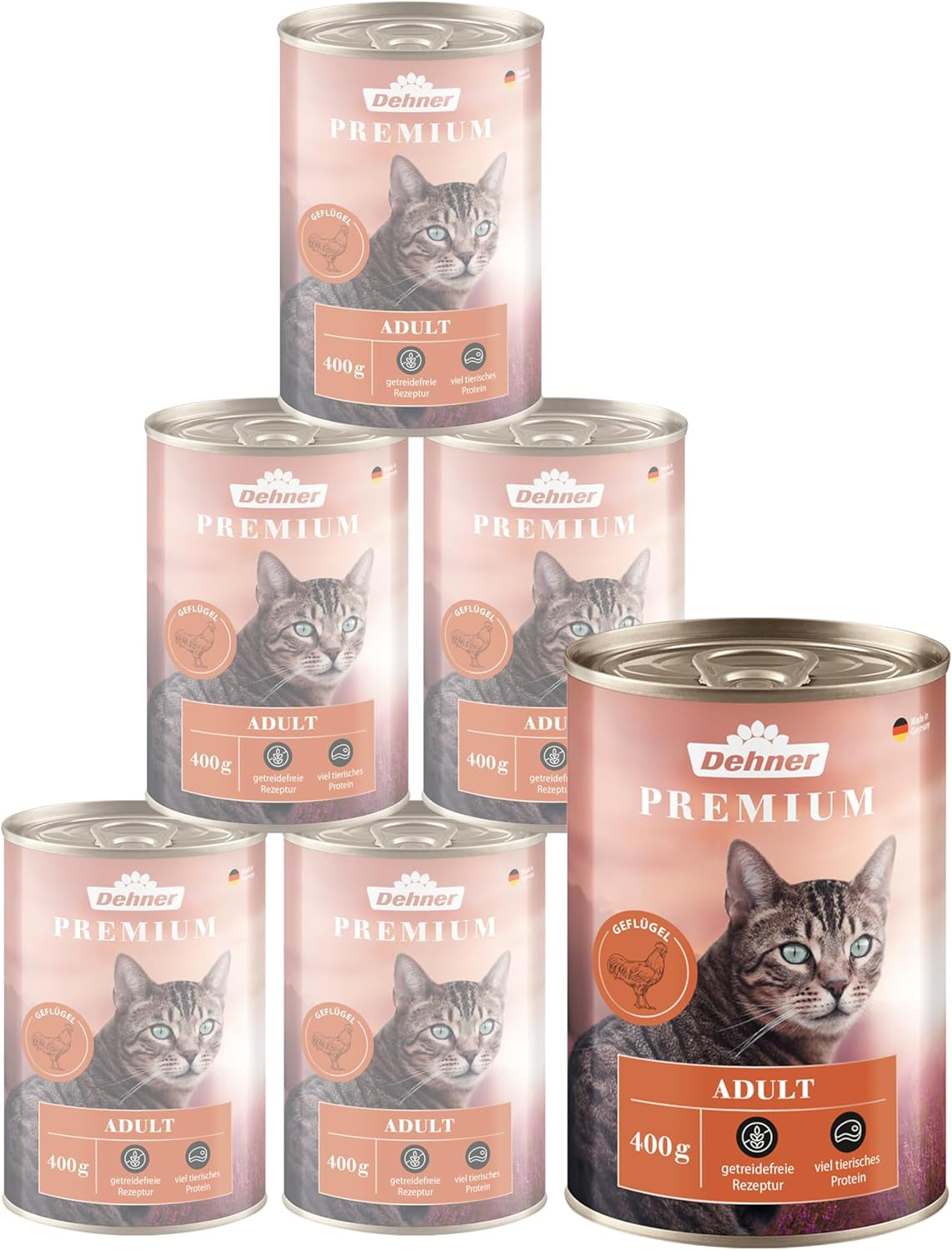 Dehner Premium våtfoder för katter, spannmålsfritt, för vuxna katter, fjäderfä, 6 burkar à 400 g (2,4 kg)