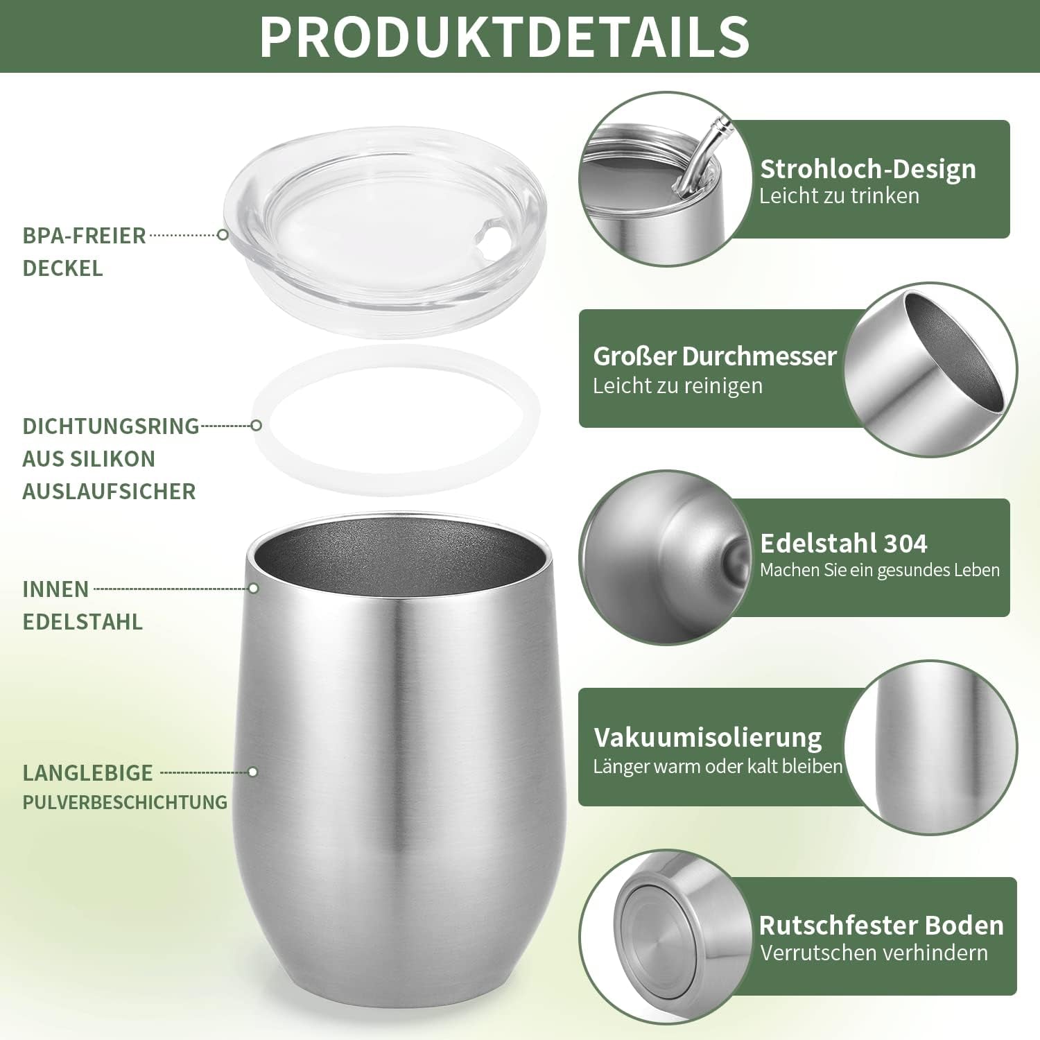 Modern Mate-mugg 340 ml, isolerad dubbelvägg i rostfritt stål Yerba Mate-muggset, Mate-temugg med BPA-fritt lock, Bombillas och en rengöringsborste (silver)