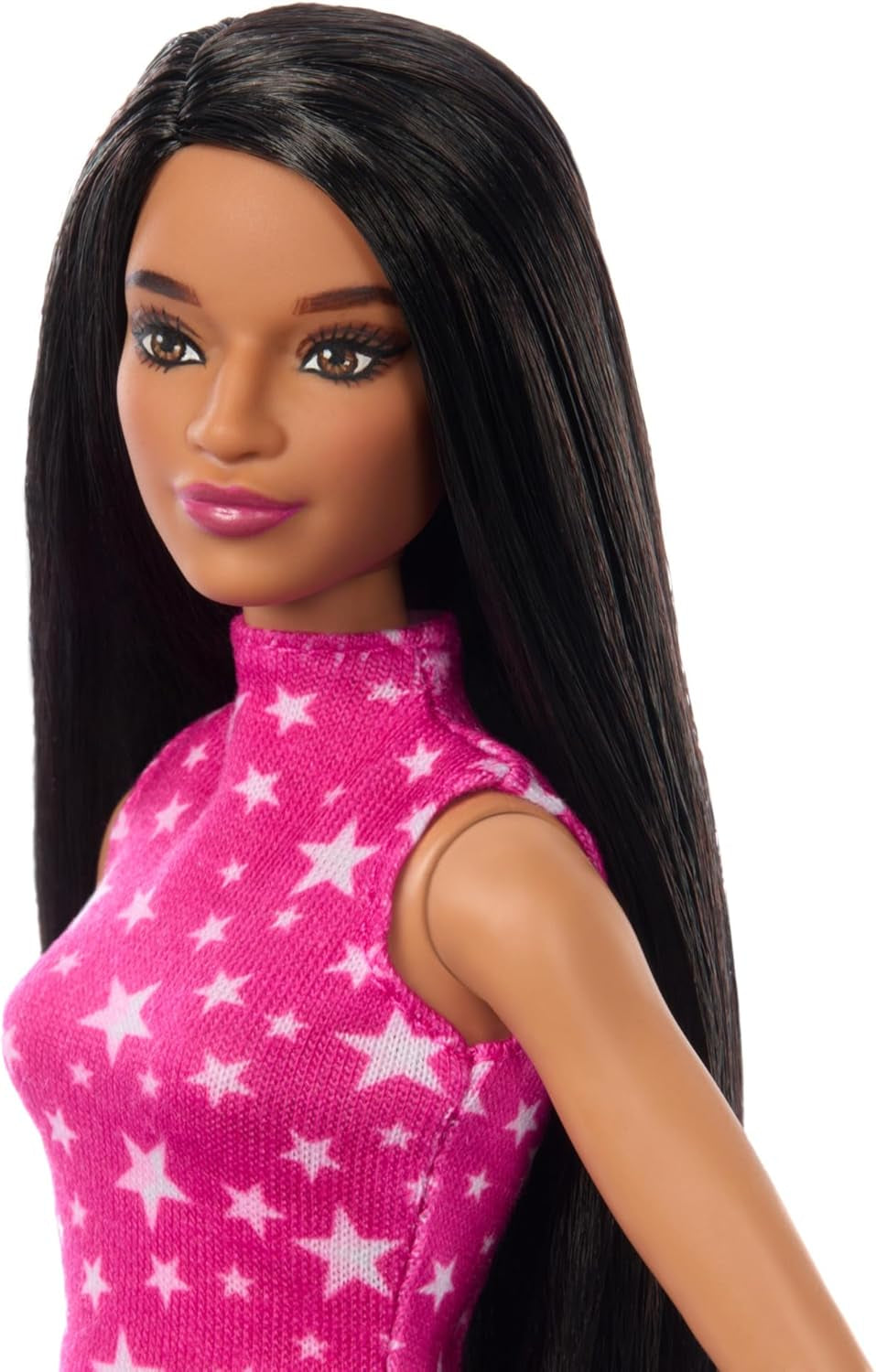 Barbie Fashionistas docka nr. 215 med rakt svart hår, blus med rosa stjärntryck och skimrande kjol, 65-årsjubileumsmodedocka, HRH13
