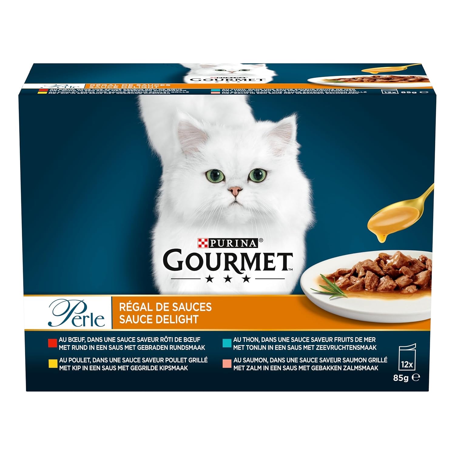 Pärla | Såshållare | Vuxen katt | Nötkött, kyckling, tonfisk, lax | 12 x 85g | Färskhetspåsar (förpackningen kan variera)