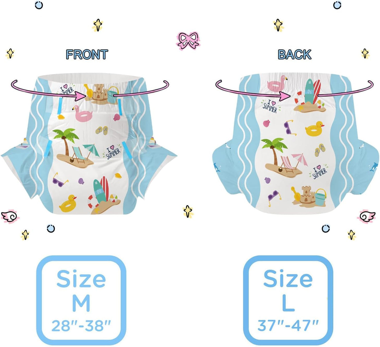 CutiePlusU vuxenblöjor, 10-pack, engångsblöjor för kvinnor och män, maximal absorptionsförmåga över natten - jag älskar sommar (medelstorlek 71-96 cm)