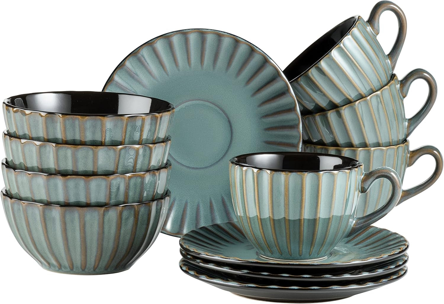 MÄSER 931966 Confino Series servisset för 4, modern vintagelook, keramiskt frukostset, 12-delat, bensinfärg med svarta accenter, stengods