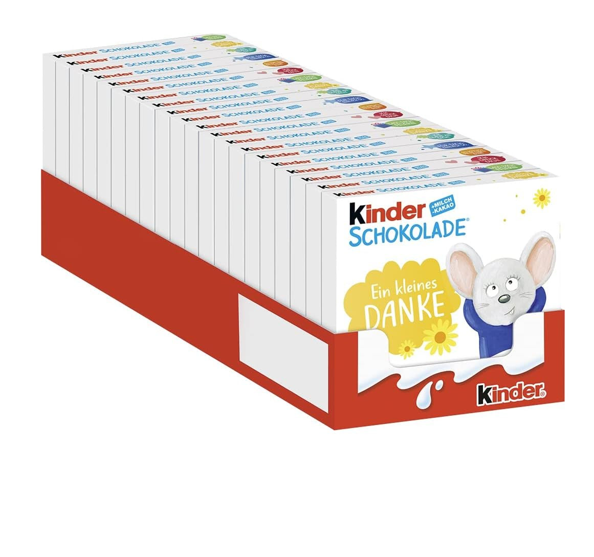 Kinderchoklad (20 x 50 g) - Alla hjärtans dag-present till honom och henne, karneval och fastelavnsgodis - Fyllda mjölkchokladkakor - 20 förpackningar med 4 individuella barer vardera