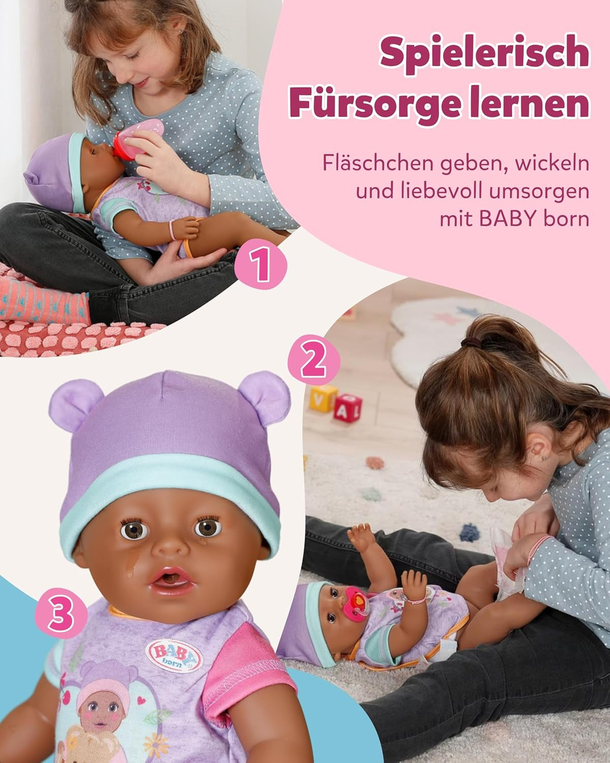 BABY Born Eva - babydocka 43 cm - 10 funktioner inklusive tillbehör och madrass - Fungerar helt utan batterier - Lämplig för barn från 3 år och uppåt