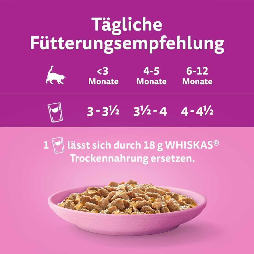 WHISKAS Junior våtfoderpåsar, multipack, urval av fjäderfäkött i gelé, 12 x 85g