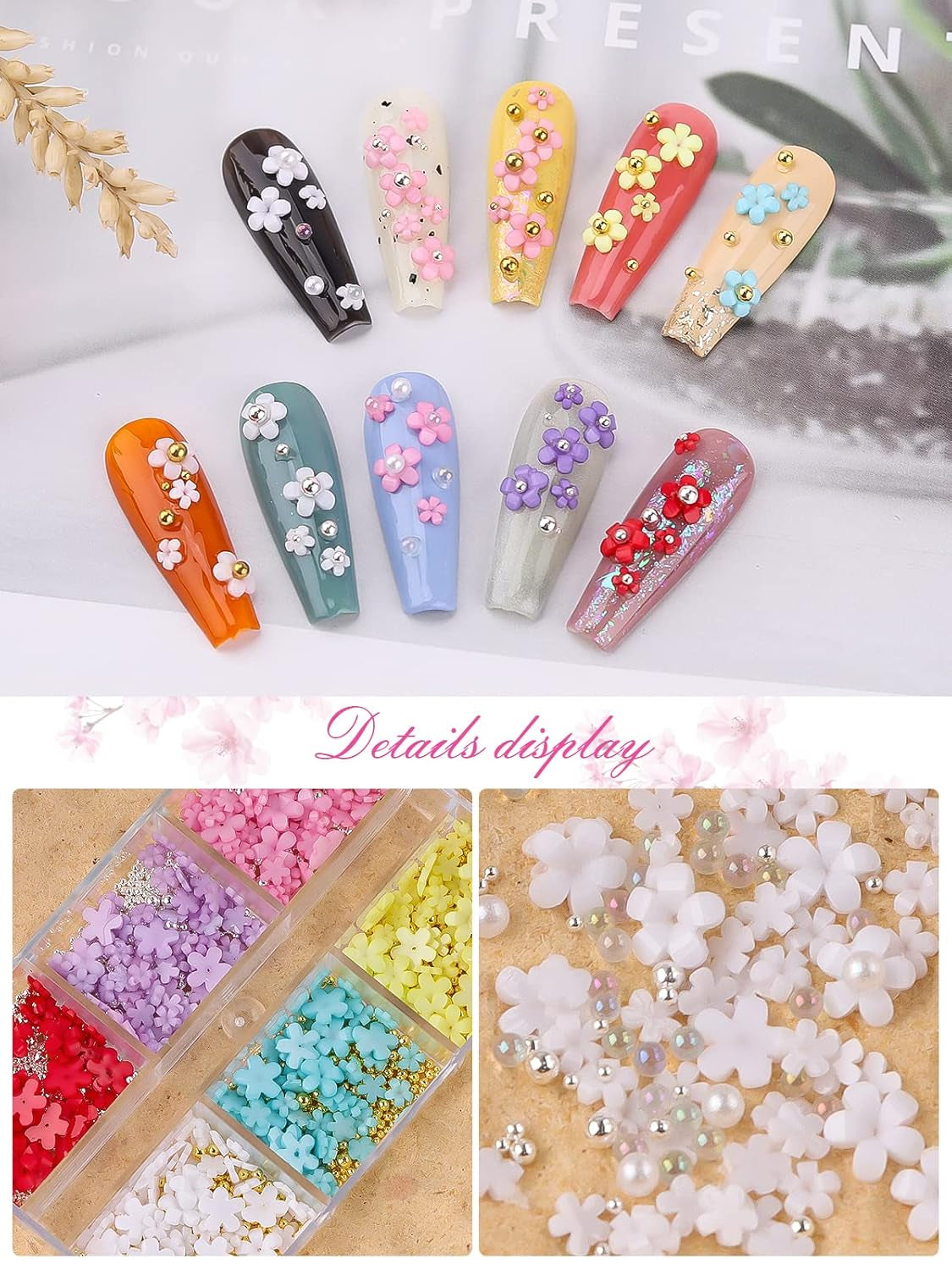 Kalolary Flowers Nail Art Charms, 3D Akryl Blommor för naglar Fem kronblad Blommor Ornament Nagelädelstenar Strasstenar Blandade metallpärlor för DIY Nail Art Design Smyckenstillverkning (2 lådor)