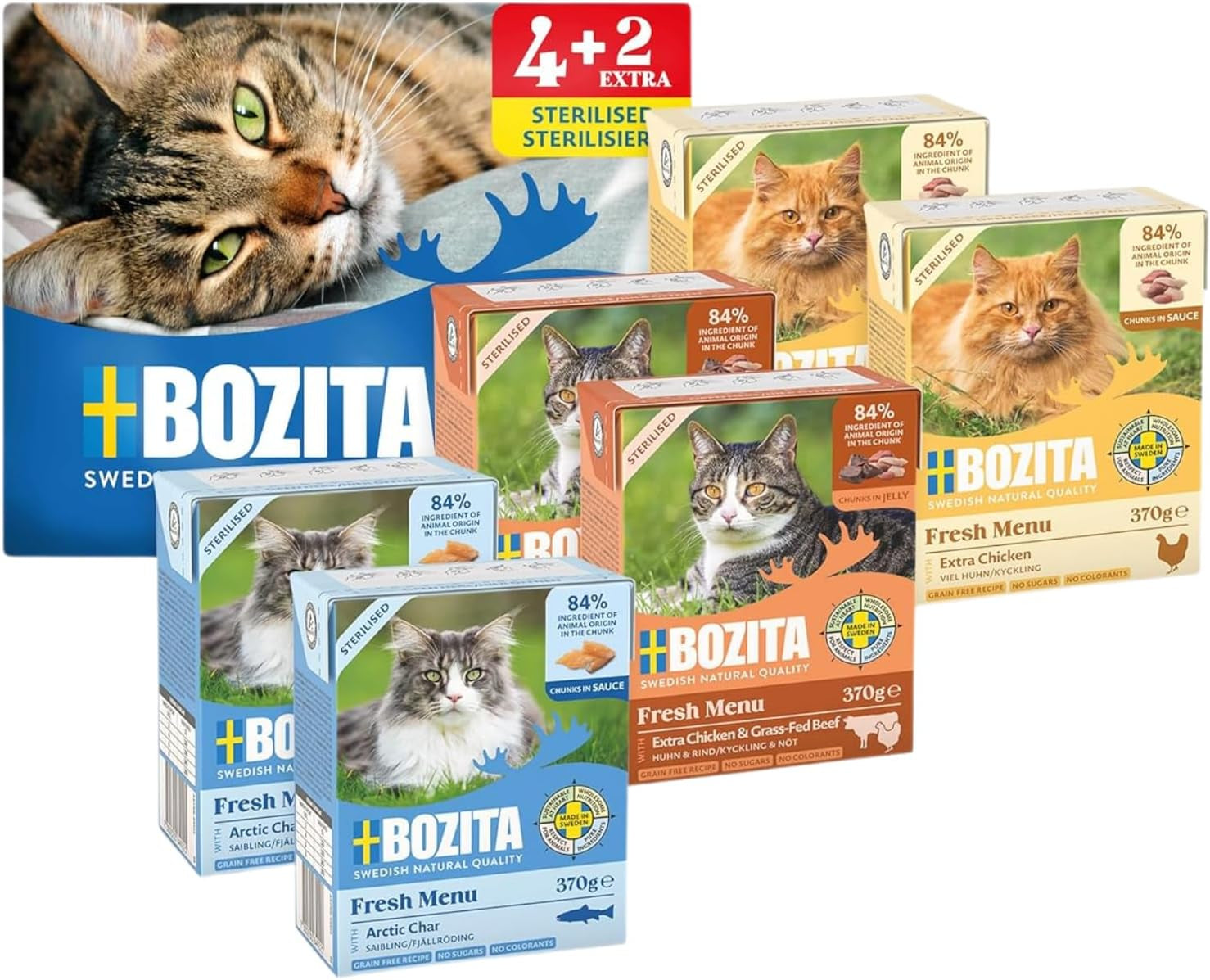 Provförpackning Bozita Tetra i sås med mycket kyckling, kol och mycket kyckling och nötkött i gelé - 4+2-6x370g Spannmålsfritt och sockerfritt foder för steriliserade katter med 7,5% protein och 5% fett