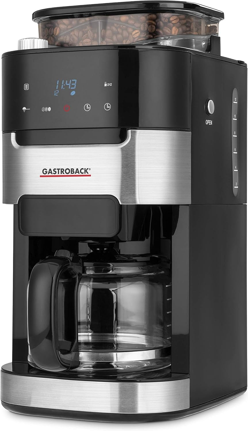 GASTROBACK 42711 Grind & Brew Pro kaffeespressomaskin, kaffeespressomaskin med integrerat filter och kvarn, konisk kvarn med 8 malinställningar, LCD-pekskärm, plast
