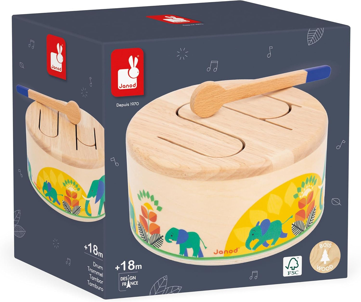 Janod - Gioia Drum - FSC trätrumma + trumma - Rollspel och tidig musikalisk utbildning - Akvarell - Från 18 månader, J07650 Bebe Toys Naty Shop