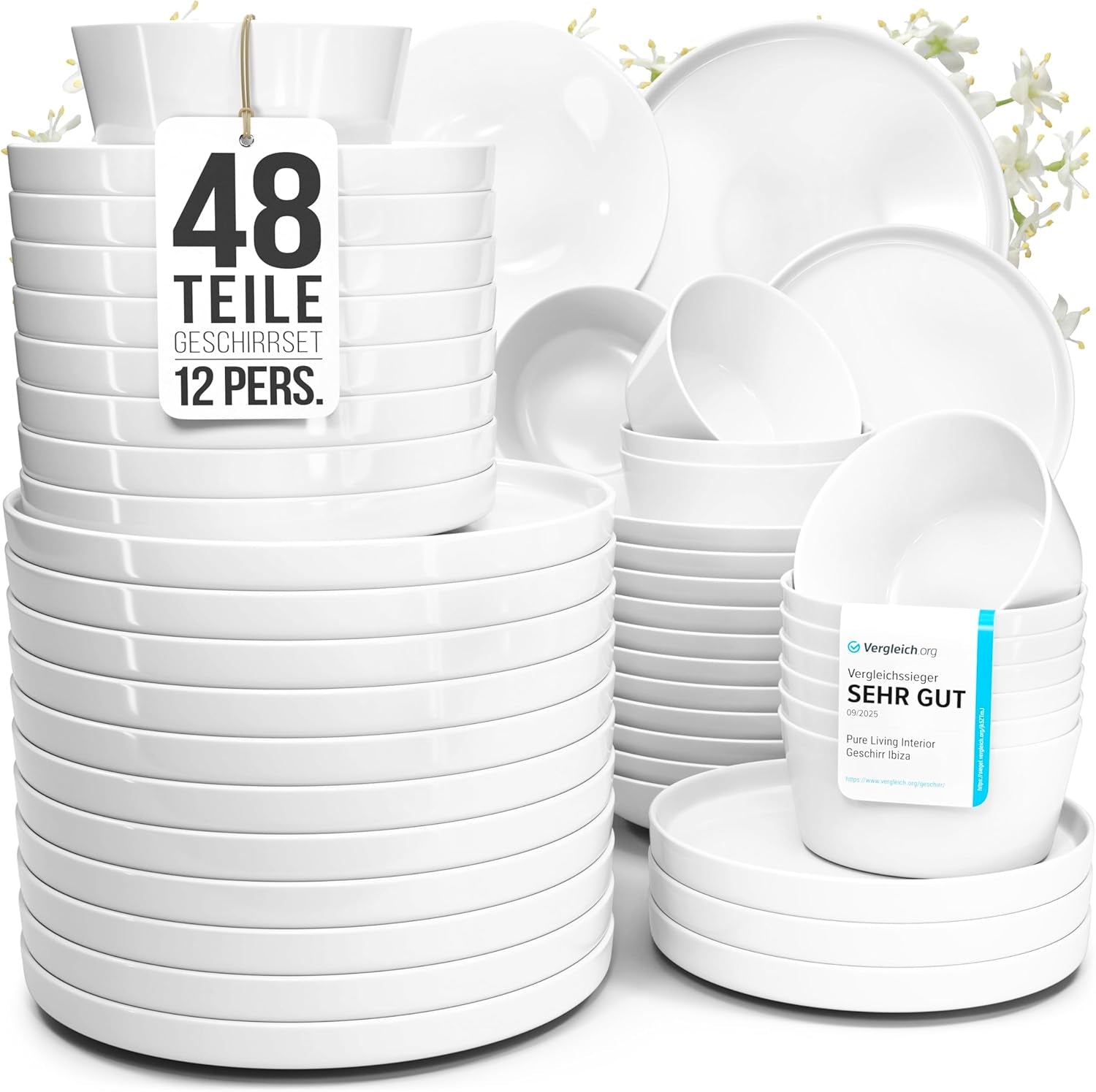Kristall 48 delar porslin servisset TESTVINNARE Klart porslin servis set Skålar och tallrikar Middagsservice för 12 Pure Living servis set i vitt