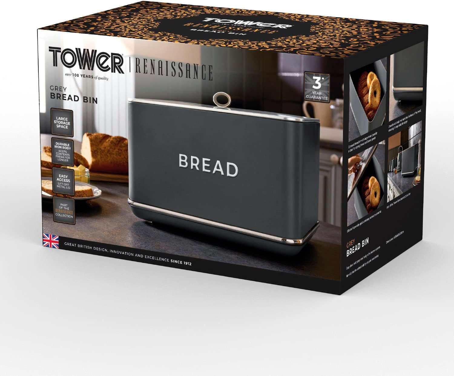 Tower T826175GRY Renaissance brödkorg, kapacitet 16 l, enkel lock, grå Matförvaringslådor Naty Shop