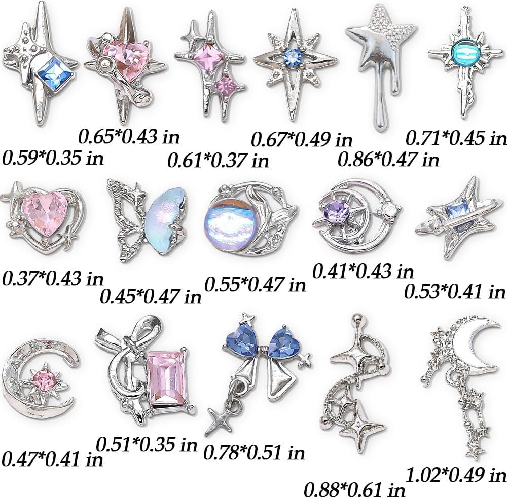 16 Stile Luxus Mond Stern Nagel Charms 3D Nail Charms Y2K Legierung Strasssteine ​​​​Bogen Schmetterling Nagel Schmuck Metall Nail Art Charms Nägel Glitzersteine ​​Nailart Rhinestones Nageldesign Zubehör