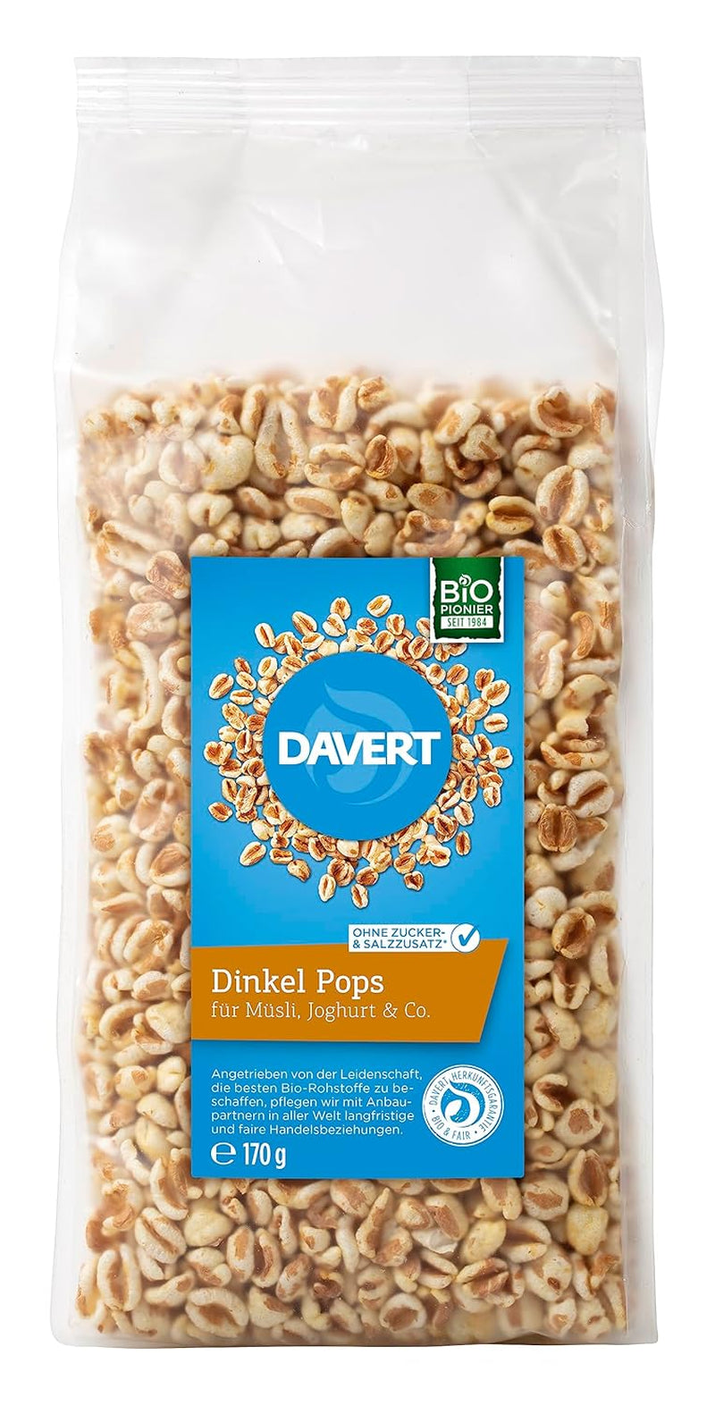 Davert Dinkel Pops 170G – Aromatische Aufgepuffte Dinkelkörner, Luftig Leicht Und Fein Röstig Im Geschmack – 100% Davert Bio-Qualität (1 X 170G) Cereale Naty Shop Standardtitel