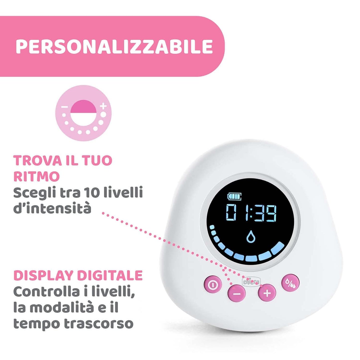 Chicco elektrisk bröstpump med stimulerings- och extraktionsfaser, 10 intensitetsnivåer, bekväm och snabb, ergonomisk form, med lutande spene och tätt lock, vit, 150 ml Tillbehör Mat och amning Bebe Naty Shop