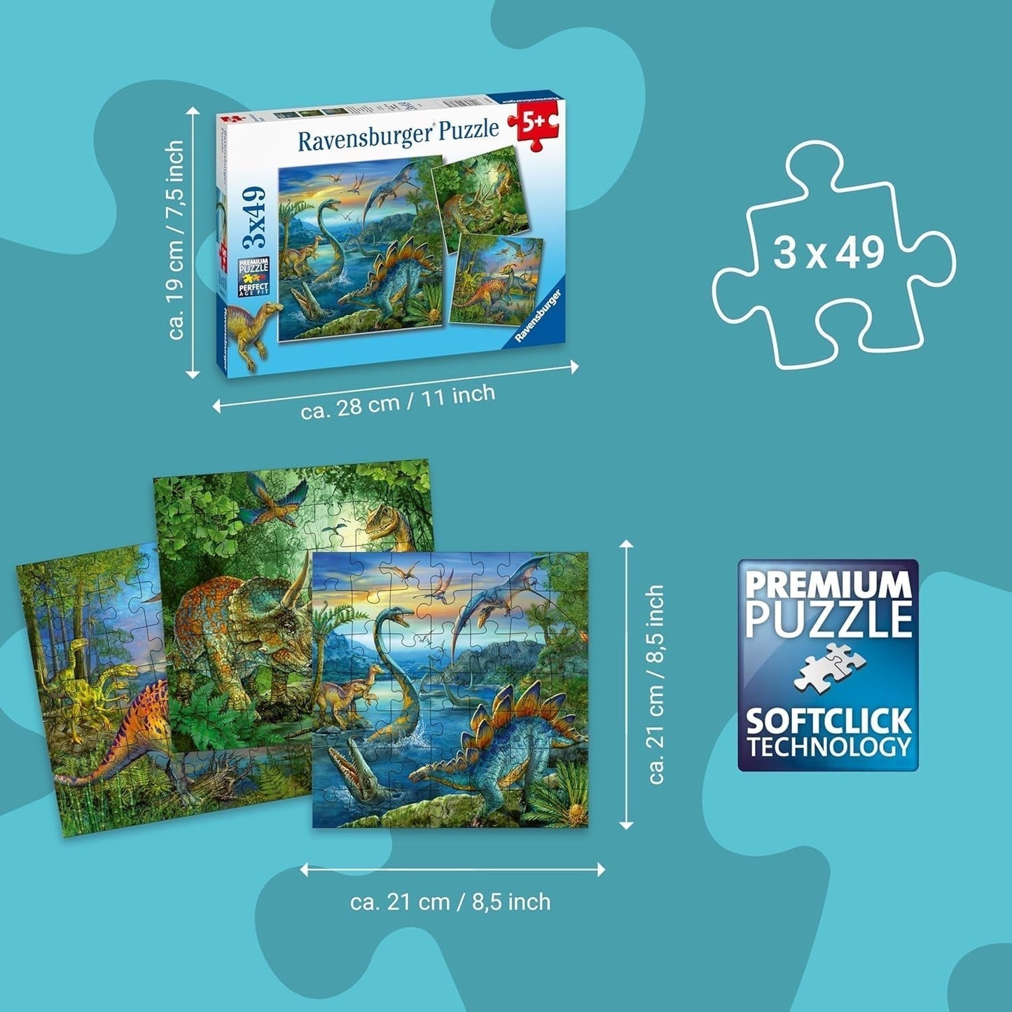 Ravensburger Pussel för barn - 09317 Dinosauriernas fascination - 3X49-bitars pussel för barn 5 år och uppåt Pussel Naty Shop