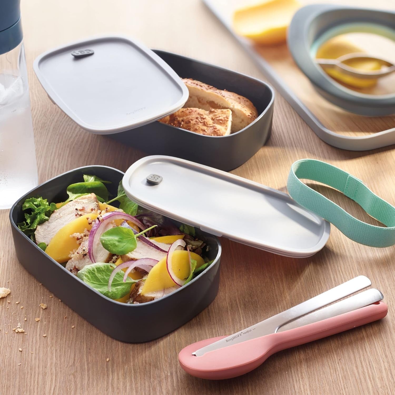 BergHoff dubbel bento box - Leo (lunchbox set 19x12,5x9 cm, två lådor, mikrovågssäker, lufttät försegling, diskmaskinsäker, perfekt för snacks / snacks / sallad) 3950126 Matförvaringslådor Naty Shop