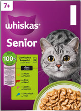 Whiskas Senior 7+ våtfoder blandat urval i sås, 48 ​​dospåsar, 12x85 g (paket med 4) - våtfoder av hög kvalitet för katter från 7 år och äldre