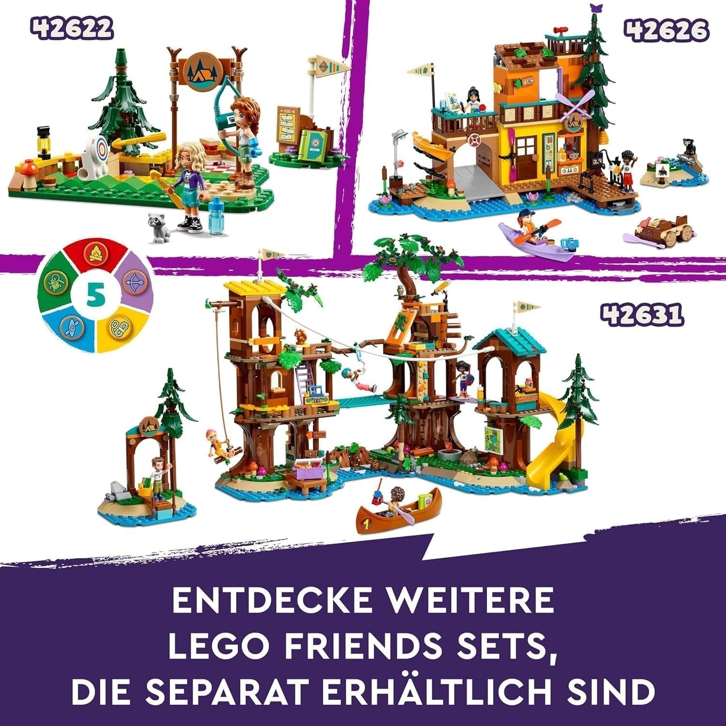 LEGO Friends trädkoja på äventyrsläger, lekset för flickor och pojkar 8 år gamla med 5 figurer och 5 djur, presentidé för kreativa spel, sportleksaker, dockhus 42631 Byggset Besuche den LEGO-Store